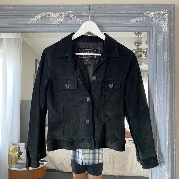 Vintage Atelier by B. Thomas Leather Jacket Front Button Closure Black Suede S - Picture 1 of 5